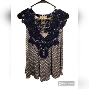 Solitaire Boho Printed Blue Flowy Sleeveless Top Blouse Large